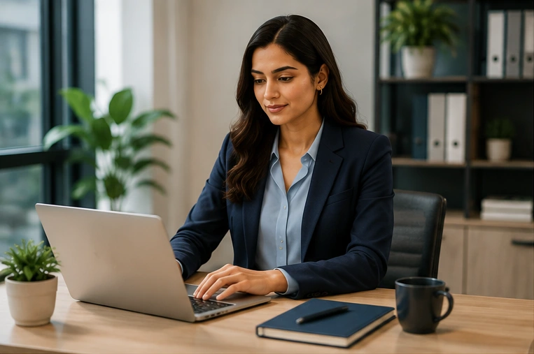 Woman in a polished work outfit at a desk