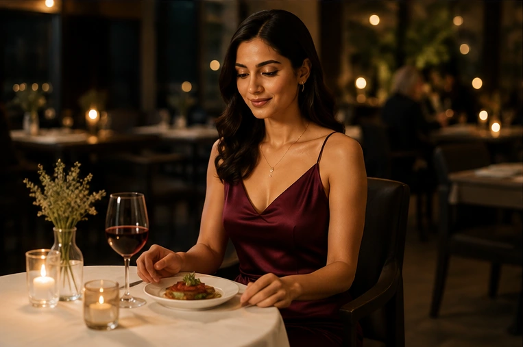 Person in an elegant evening outfit at dinner