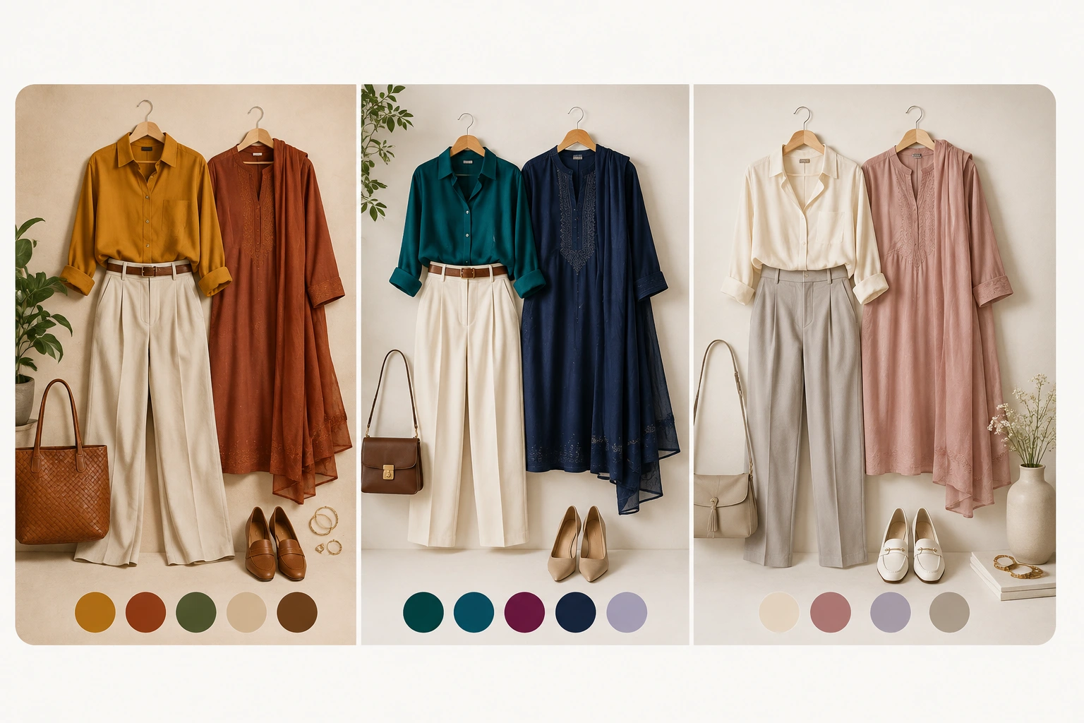 Three coordinated wardrobe examples showing warm, cool and light neutral colour palettes translated into real clothing.