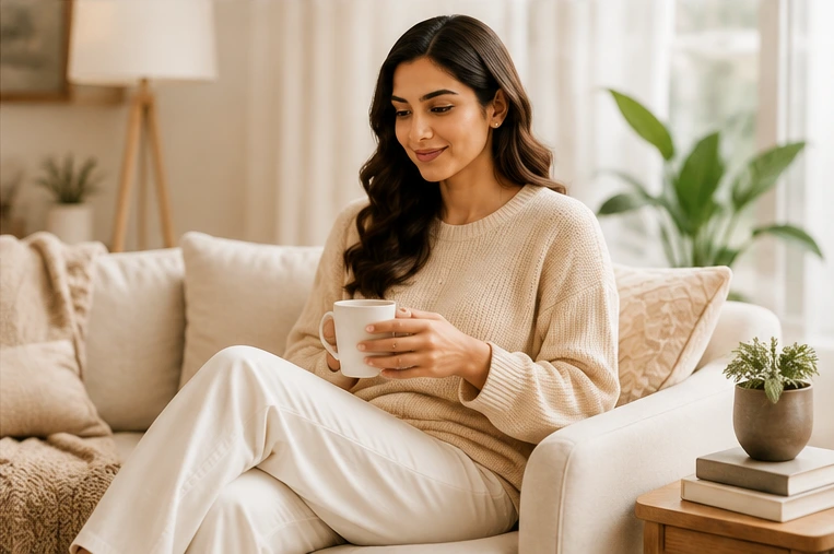 Person in a relaxed weekend outfit at home