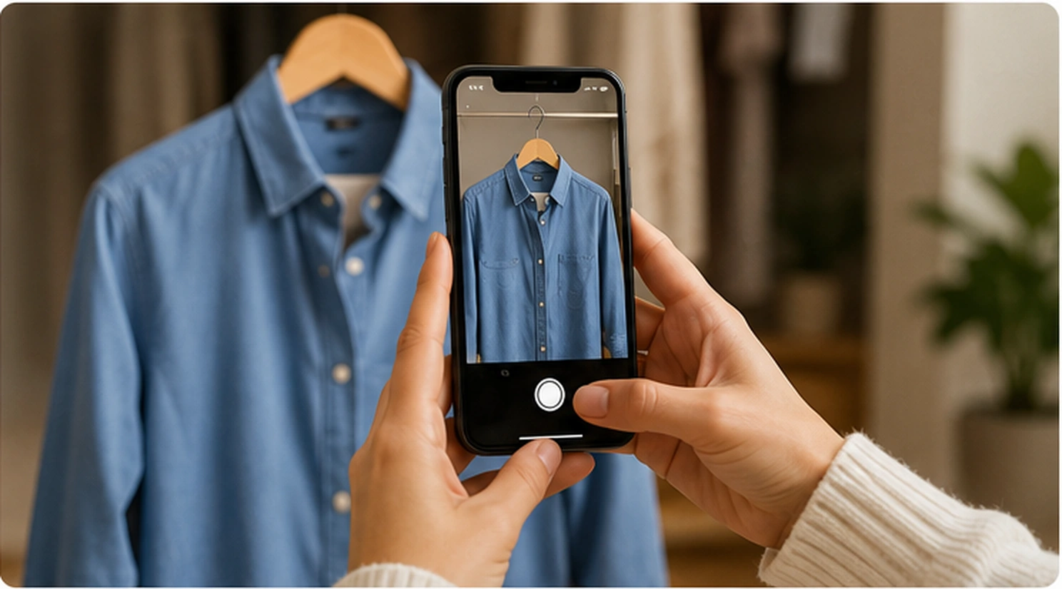 Hands photographing a hanging denim shirt with a smartphone to scan it into a Colourity digital wardrobe