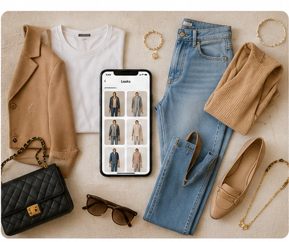 Flat-lay of a jacket, top, jeans, shoes, bag, and accessories next to a phone showing them organised in a Colourity digital wardrobe