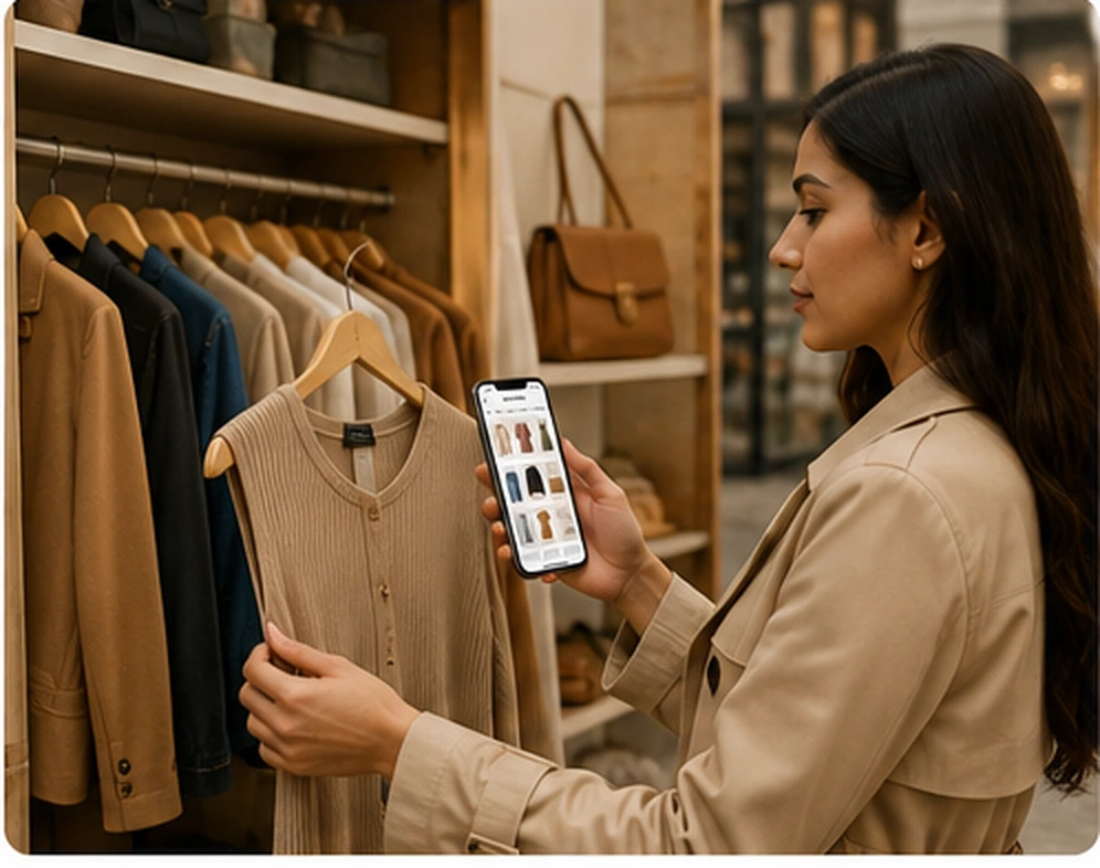 Woman in a boutique checking her Colourity digital wardrobe on her phone while holding a garment on a hanger