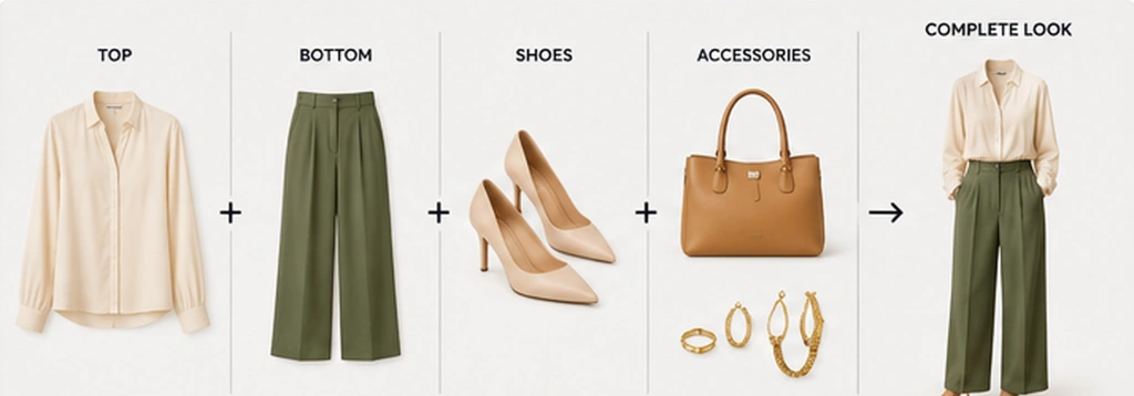 How Colourity builds a look: Top plus bottom plus shoes plus accessories equals complete look