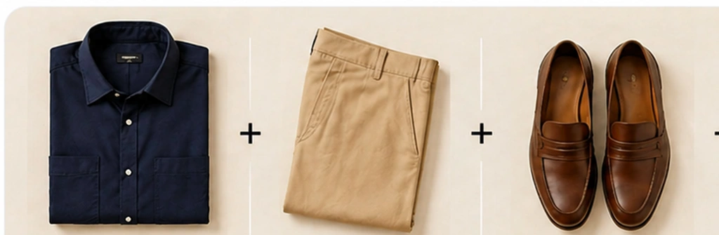Step 1: Your Wardrobe Inputs (Navy Shirt, Beige Chinos, Brown Loafers)