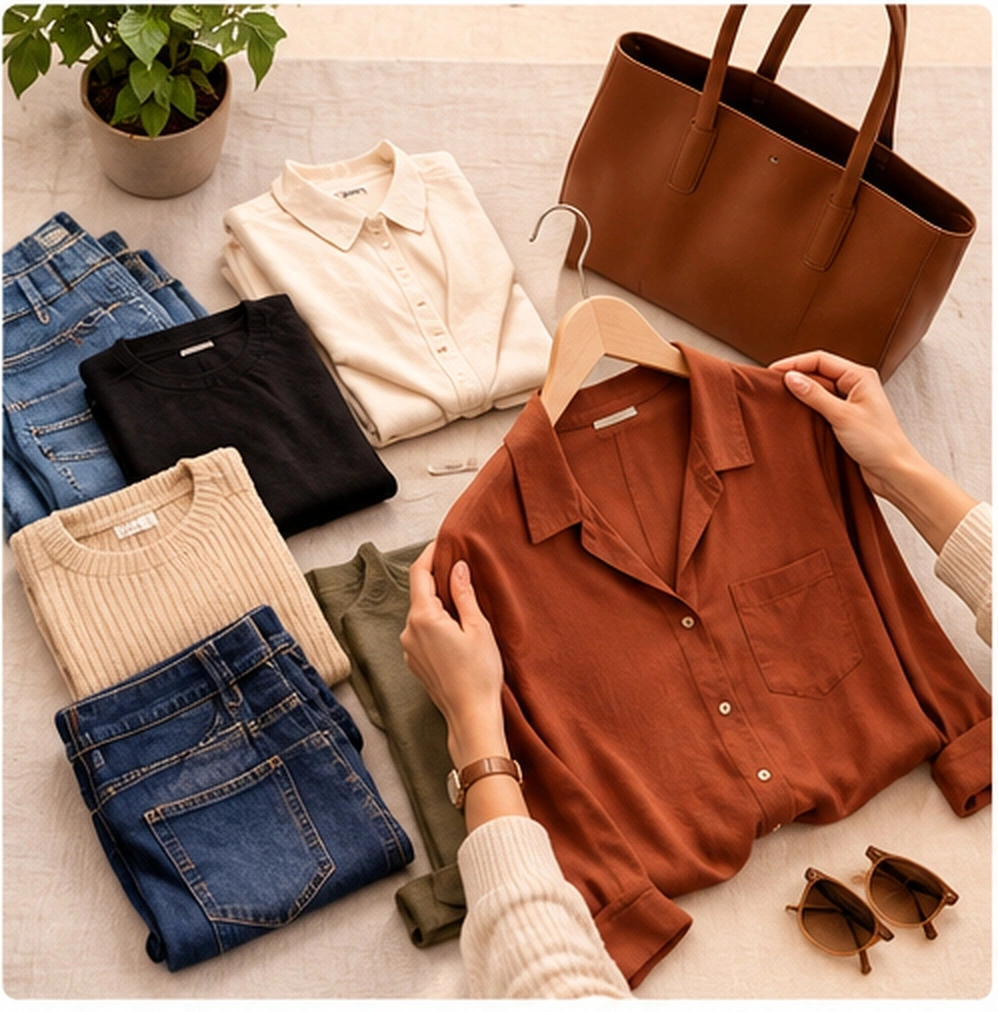 Confident shopper making an intentional clothing purchase decision over a curated wardrobe flatlay
