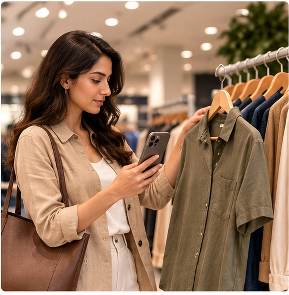 Shopper evaluating green shirt against existing closet wardrobe items using smartphone