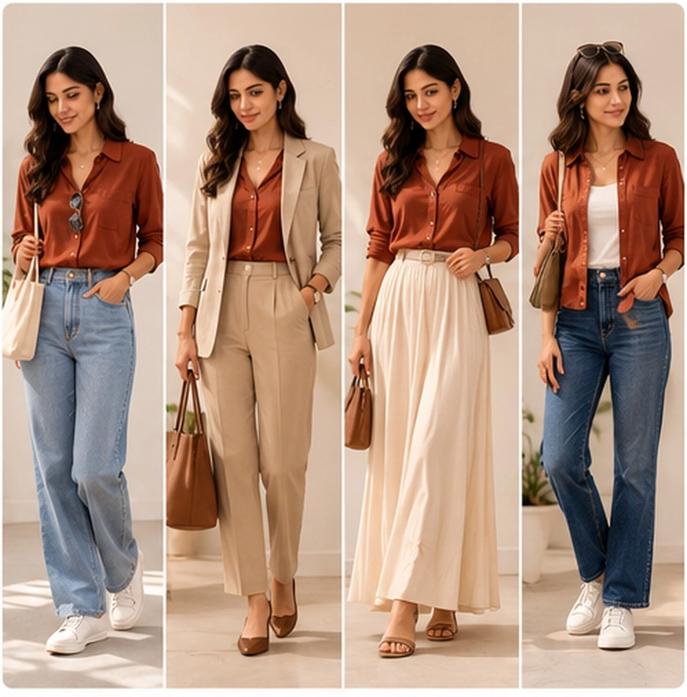 Terracotta shirt styled across multiple complete outfit combinations