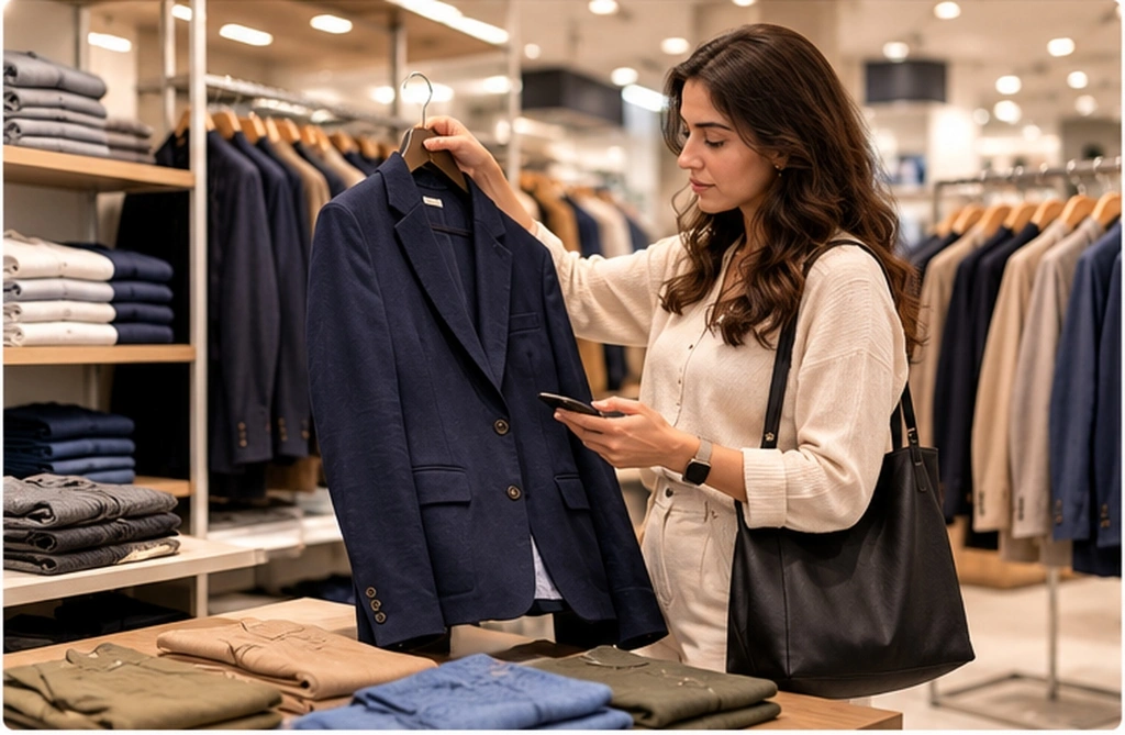Shopper considering a navy blazer against her existing wardrobe items in store