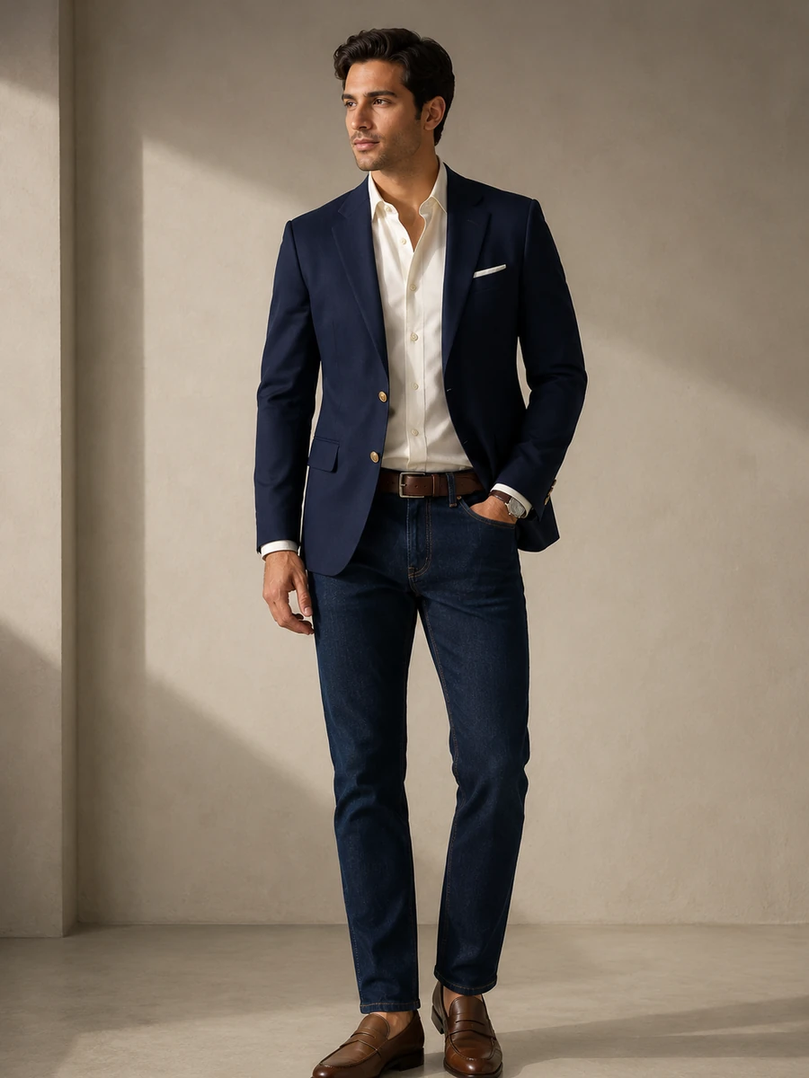 Full-body photo of a man wearing the complete outfit: navy blazer, cream shirt, dark denim jeans, and brown leather loafers