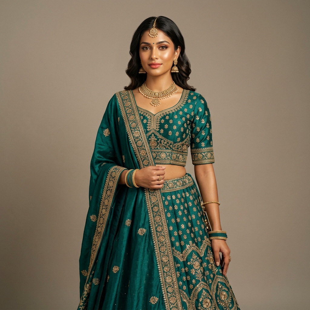 Indian woman with golden wheatish skin tone glowing in rich teal green outfit