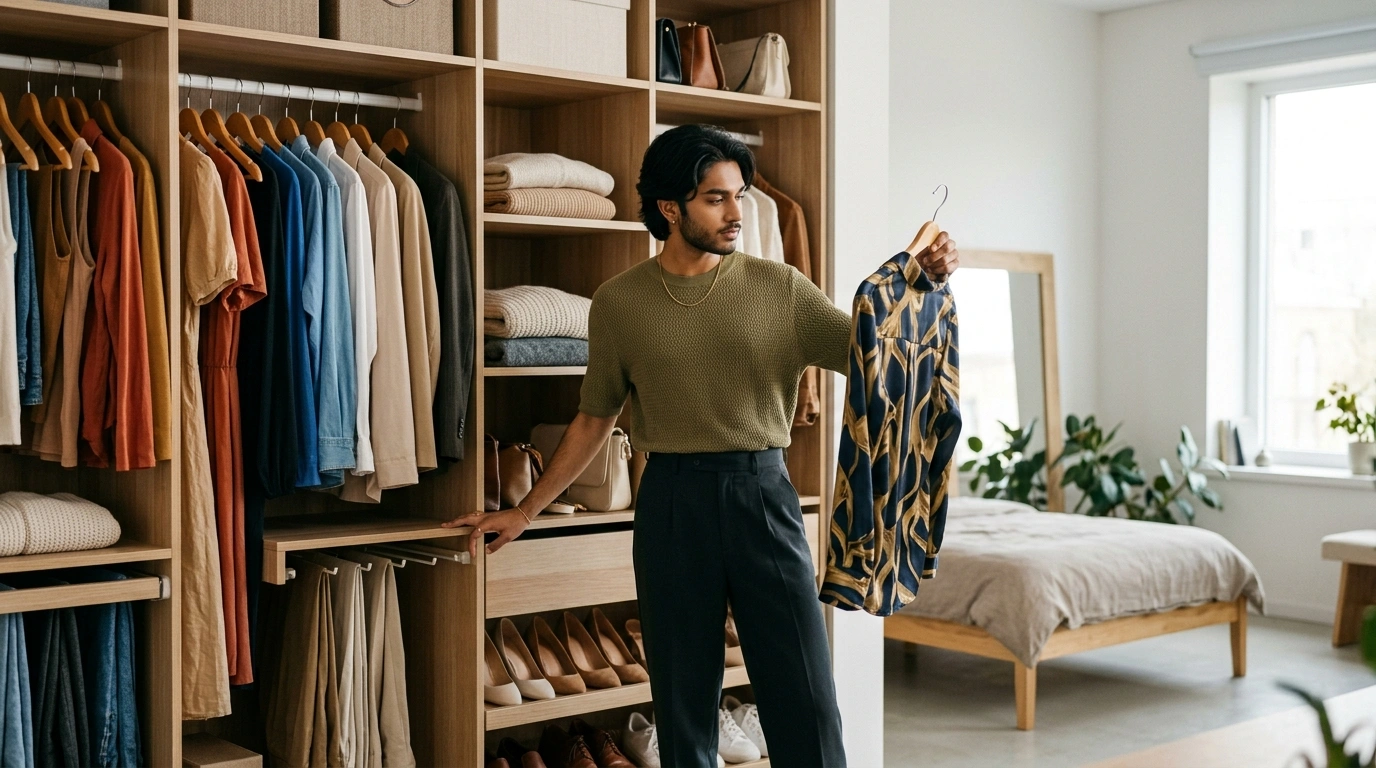 South Asian person selecting one single garment from open wardrobe to build a complete outfit
