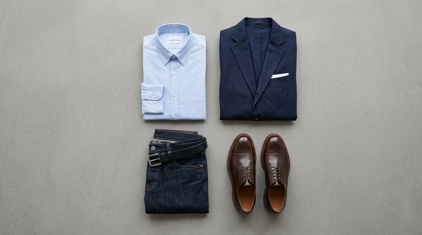 Flat-lay clothing photography of collared shirt, navy blazer, dark trousers, and leather oxfords