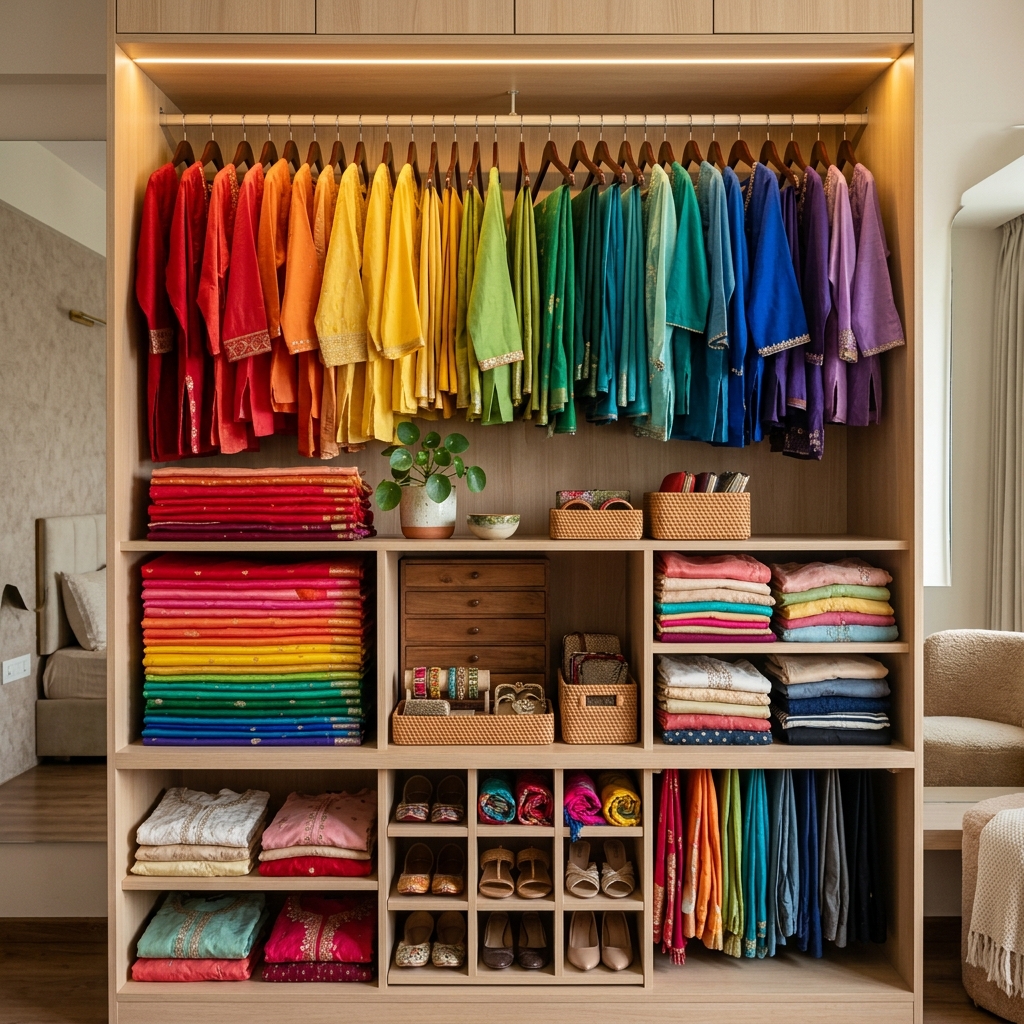 Aesthetically organized modern Indian ethnic wardrobe by color palette
