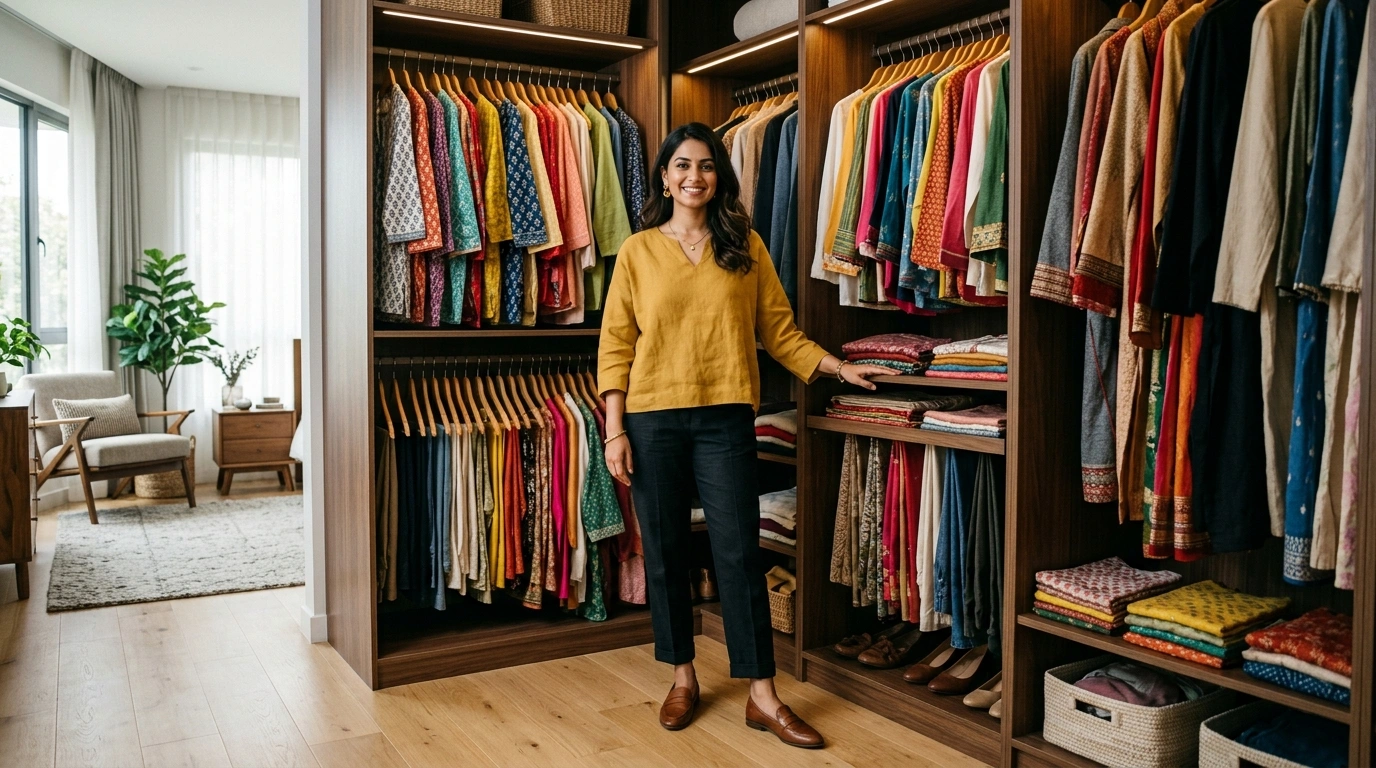 Styled clothing options arranged as complete outfit combinations from an existing wardrobe