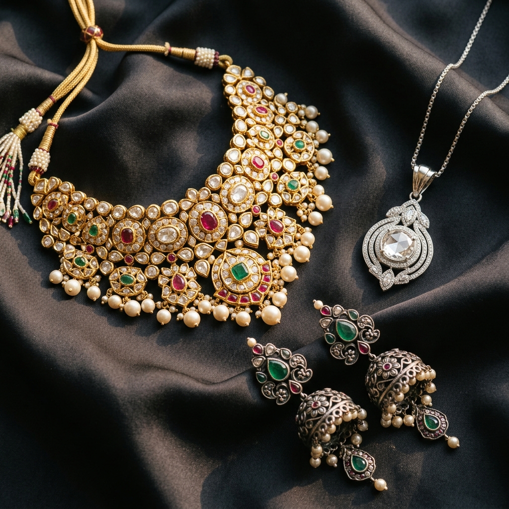 Gold, Silver, and Oxidized Indian Jewelry on Dark Background