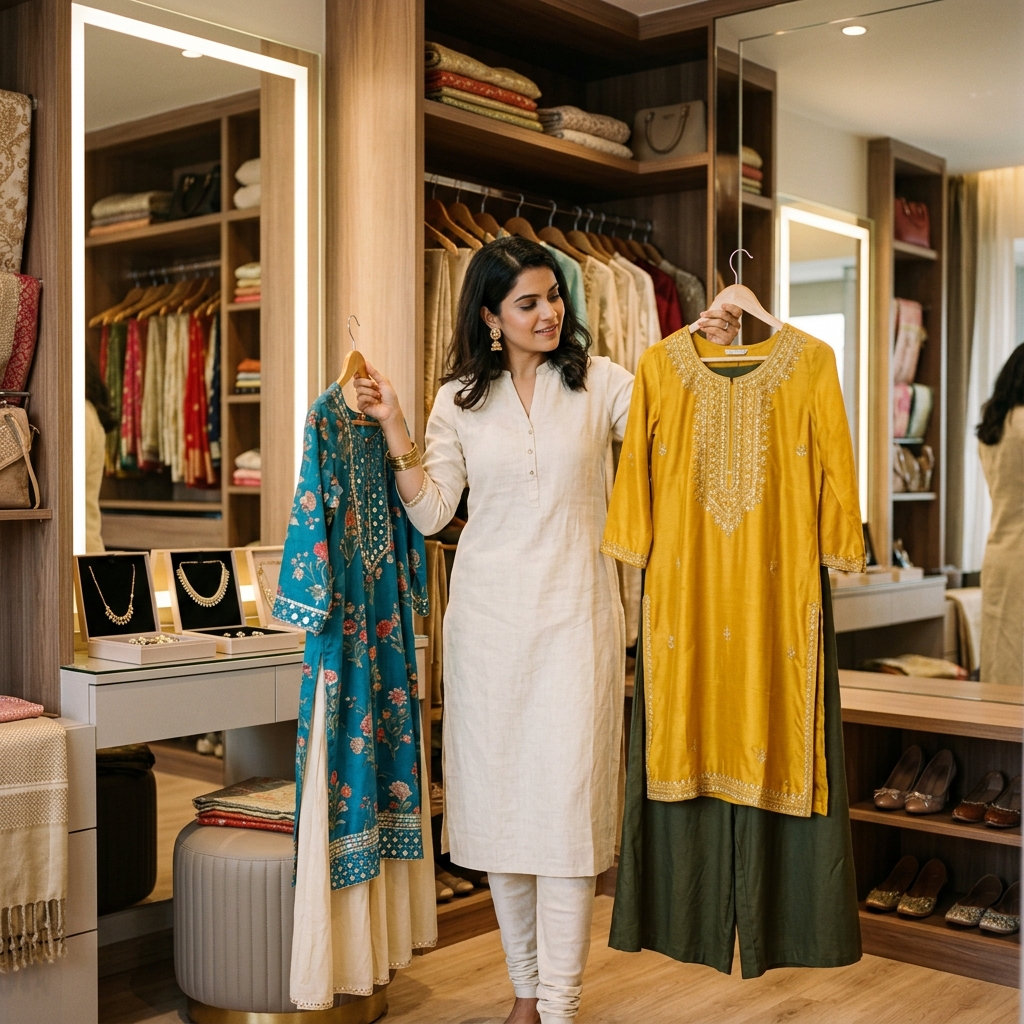 Indian woman mixing and matching ethnic garments from her existing closet