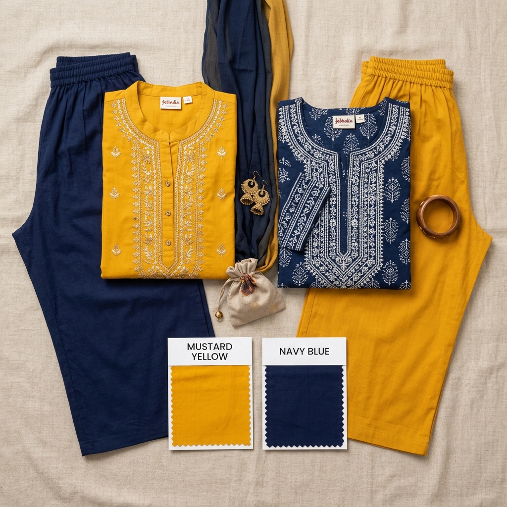 Flat lay fashion arrangement of contrasting kurta and palazzo pant combinations