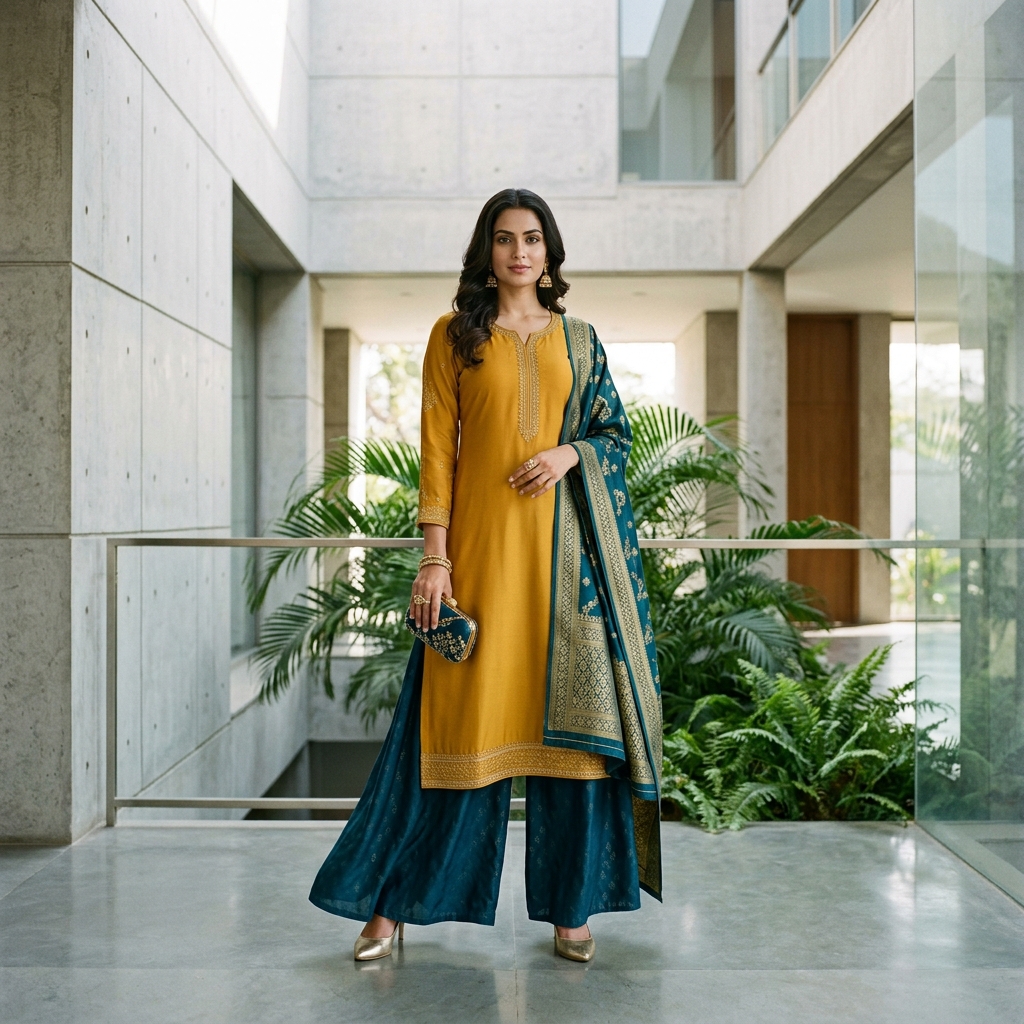 Modern Indian woman in a mustard yellow and deep teal blue palazzo suit combination