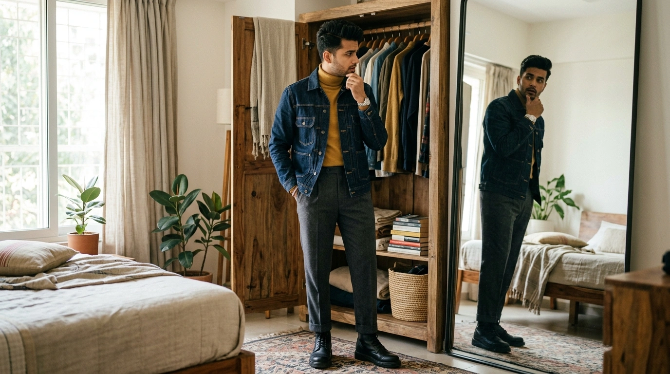 Indian man standing in front of open wardrobe looking at his outfit reflection in a full length mirror with a thoughtful expression