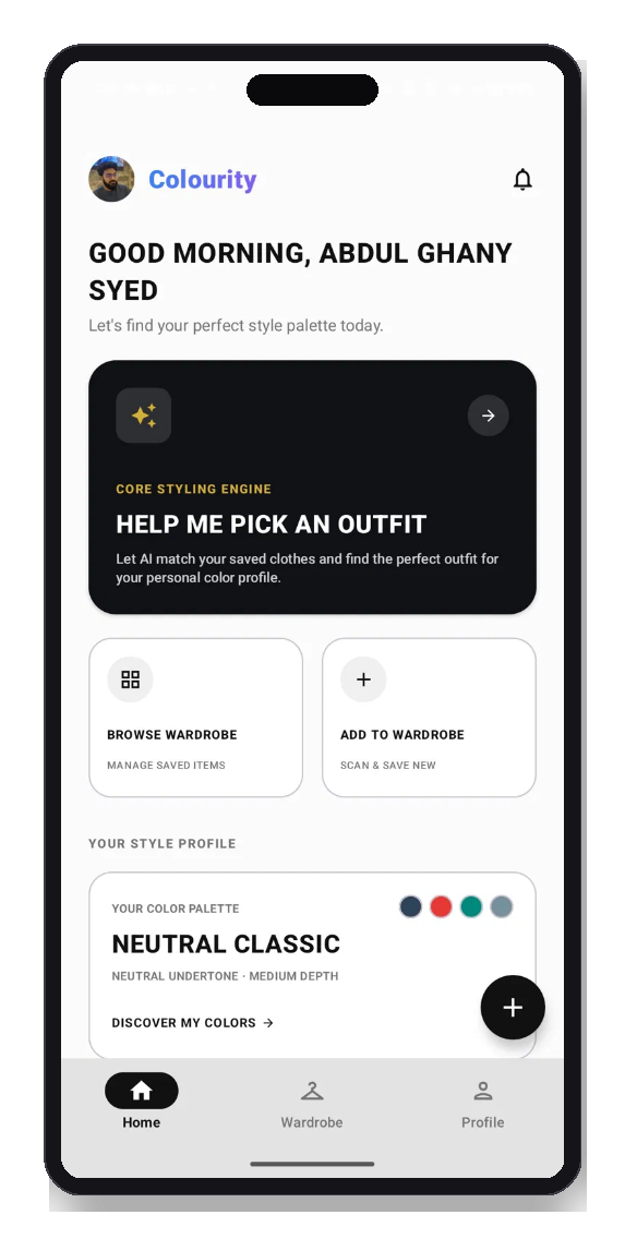Colourity app showing digital wardrobe