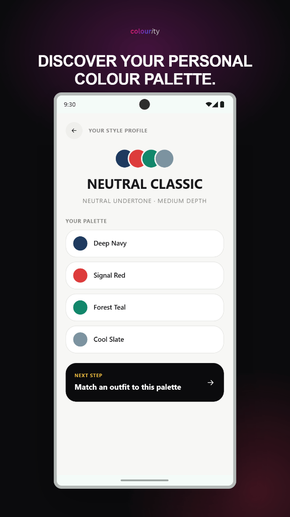 Colourity app screen showing personal colour analysis and palette details