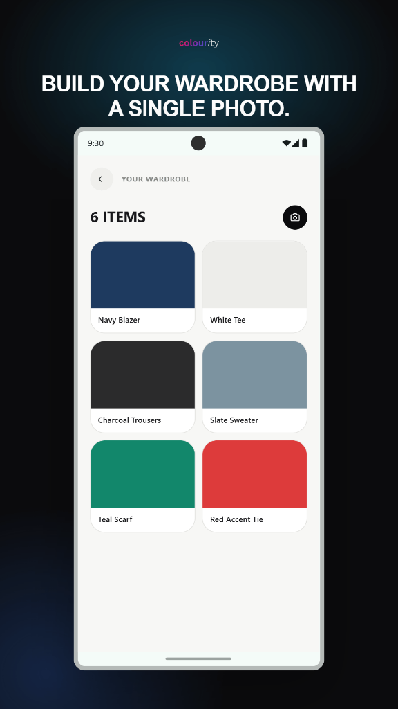 Colourity app screen showing digital wardrobe item management