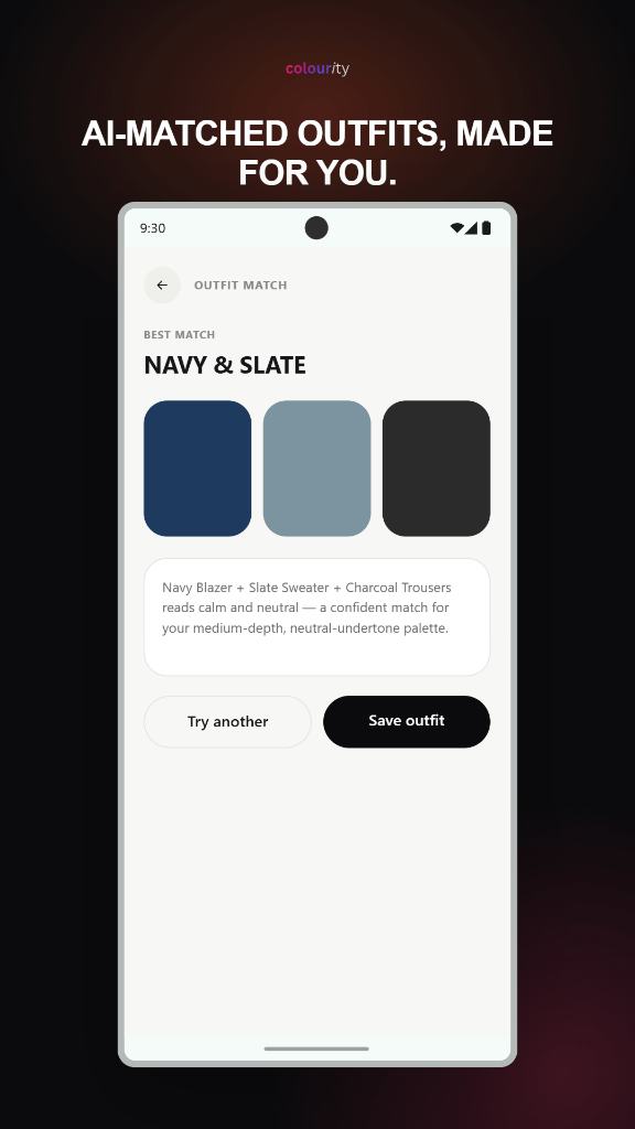 Colourity app screen showing Colourity AI outfit matching recommendations